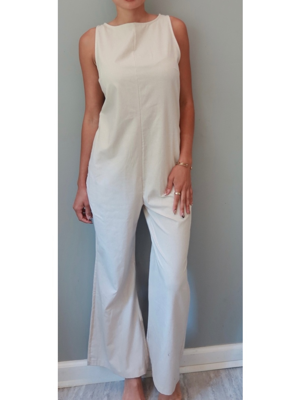 Minimalist Cream Cotton Linen Wide Leg Jumpsuit